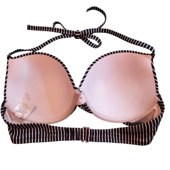 Shade & Shore Twist Front Molded Cup Black And White Striped Bikini Swimsuit Top - Picture 2 of 6